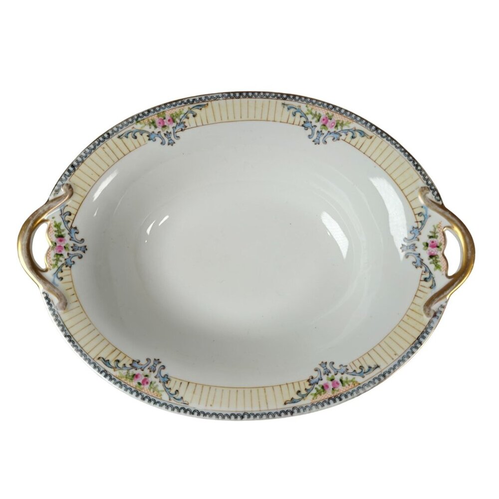 Noritake Japan Handled Oval Serving Bowl With Floral Design & Gold Trim